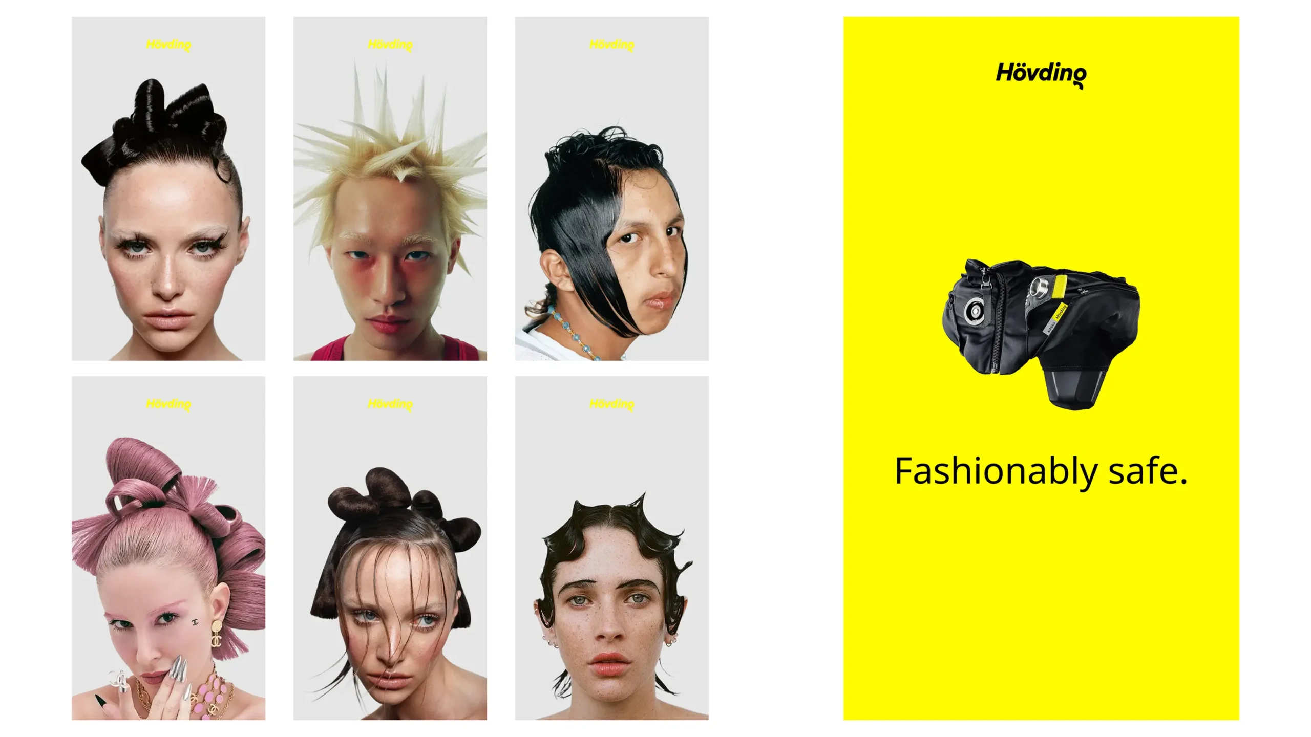 Image of several people with odd hairstyles on the left and a marketing campaign of the product "hövding". Title under the product is "Fashionably safe"